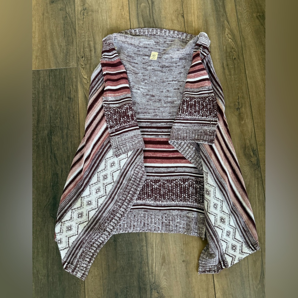 Women's Striped Open Front Cardigan L / XL maroon White peach sleeveless longer